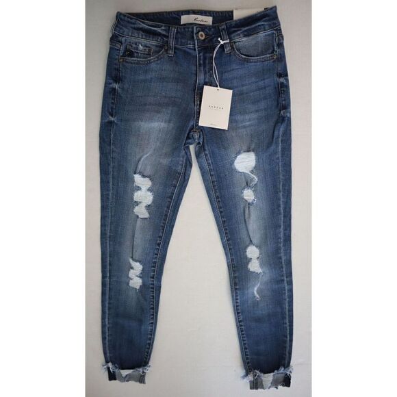 KanCan Los Angeles Women Sz 5/26 Blue Distressed Mid Rise Super Skinny Jeans $65 - Picture 1 of 8